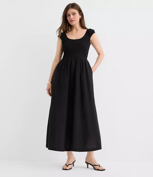 Smocked Cap Sleeve Midi Pocket Dress | LOFT