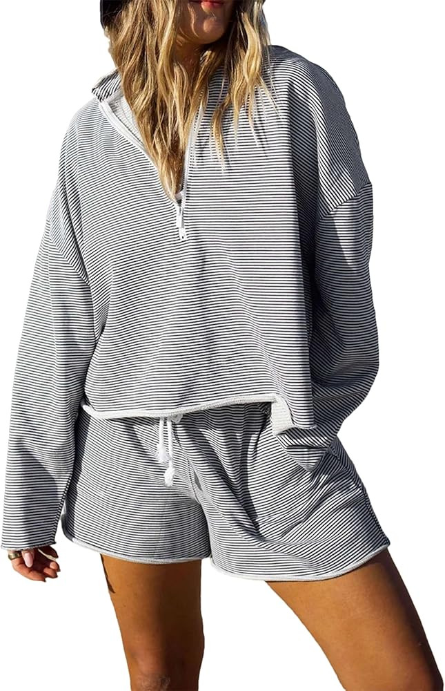 2 Piece Sets for Women Quarter Zip Long Sleeve Striped Pullover Drawstring Pocket Shorts Lounge S... | Amazon (US)