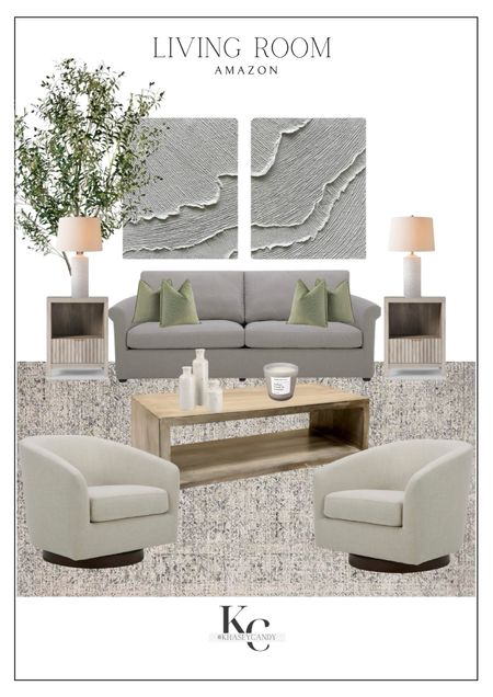 Living room design, all from Amazon.





Neutral area rug, neutral wall art, neutral couch, throw pillows, neutral coffee table, pottery barn furniture dupes, swivel chair, neutral accent chair, faux olive tree, neutral table lamp, large candle, neutral vases, home decor, living room furniture, neutral living room, modern living room, organic

#LTKhome