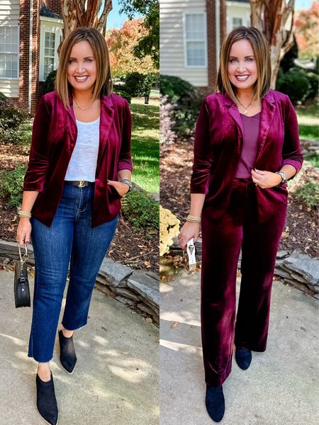 Velvet blazer outfits
Use code LAURA15 for 15% off through Friday 11/3 at midnight 

(Use code LAURA on my black booties from Marmi) 

Everything runs true to size except jeans - I recommend sizing down in those 

Avara / holiday party outfit / velvet pants / Christmas party outfit 

#LTKover40 #LTKHoliday #LTKsalealert