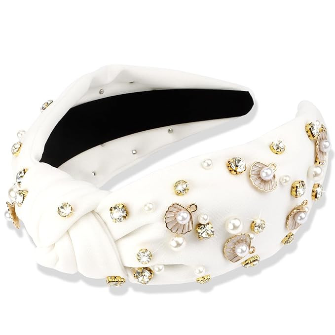 Pearl Rhinestone Knotted Jeweled Crystal Embellished Wide Top Knot Beaded Headbands for Women's H... | Amazon (US)
