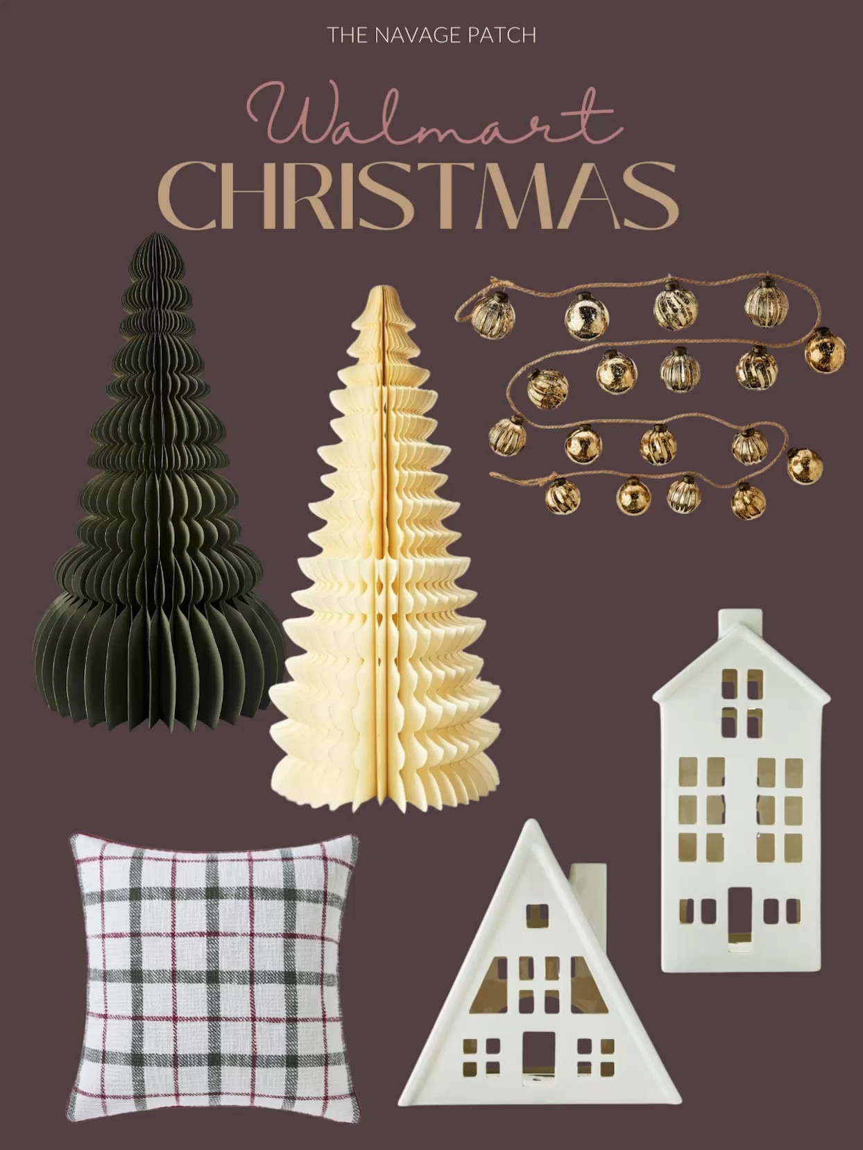 Walmart Christmas finds, Walmart Christmas decor, 35” honeycomb tree, 13” white ceramic house, plaid Christmas pillow, My Texas House Christmas decor, mercury ornament garland

#LTKSeasonal #LTKVideo #LTKHoliday