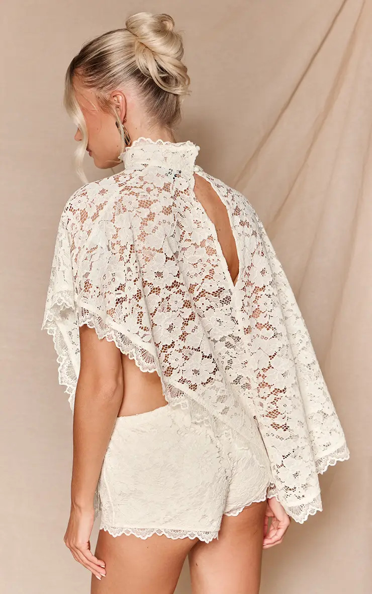 Cream High Neck Lace Cape Style Top | PrettyLittleThing UK