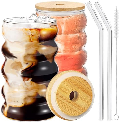 Ework4U 2 Pcs Drinking Glasses with Bamboo Lids and Straws 19.5oz Iced Coffee Glasses Set,Milk Tea Glasses,Fruit Smoothie Glasses,Ideal for Water,Soda,Tea,Gift - with Cleaning Brushe | Amazon (US)