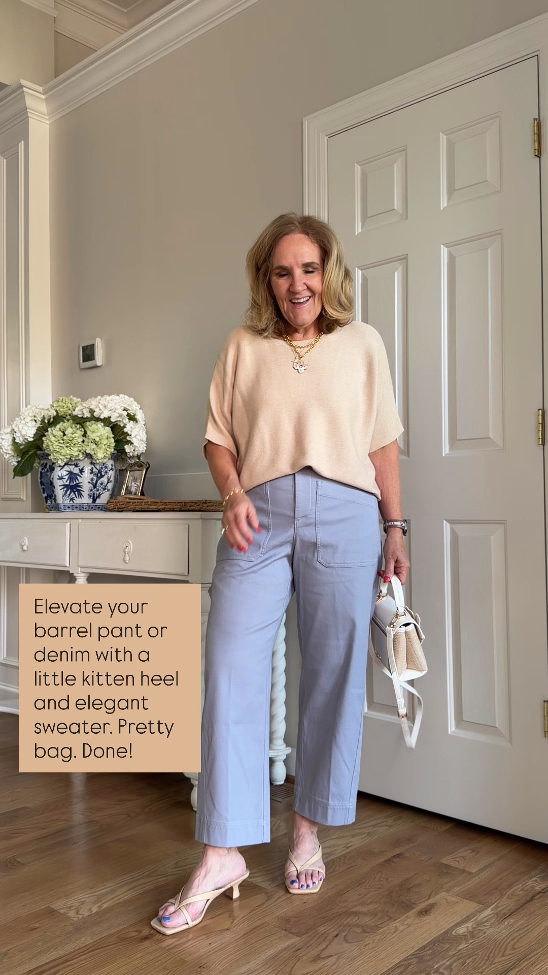 Spanx stretch twill barrel pants. I’m in a small petite. They do run generous 
I’m linking a few other favorite barrel pants and jeans too. 
French terry popover size medium 
Mama sweatshirt medium 
Cotton cashmere sweater medium 
Floral blouse medium 
10% off Eric javits bag code NANETTE
20% off bracelets stack code NANETTE20

Spring outfits 2026 casual work outfits 

#LTKSaleAlert #LTKootd #LTKOver40