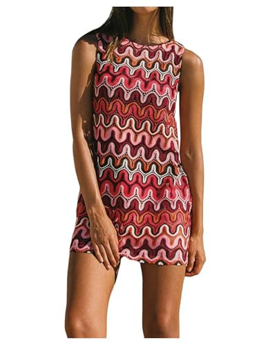 GORGLITTER Women's Crochet Vacation Summer Mini Dress Sundresses Boho Beach Hawaiian Party Club Graduation Sun Dress Burgundy Small | Amazon (US)