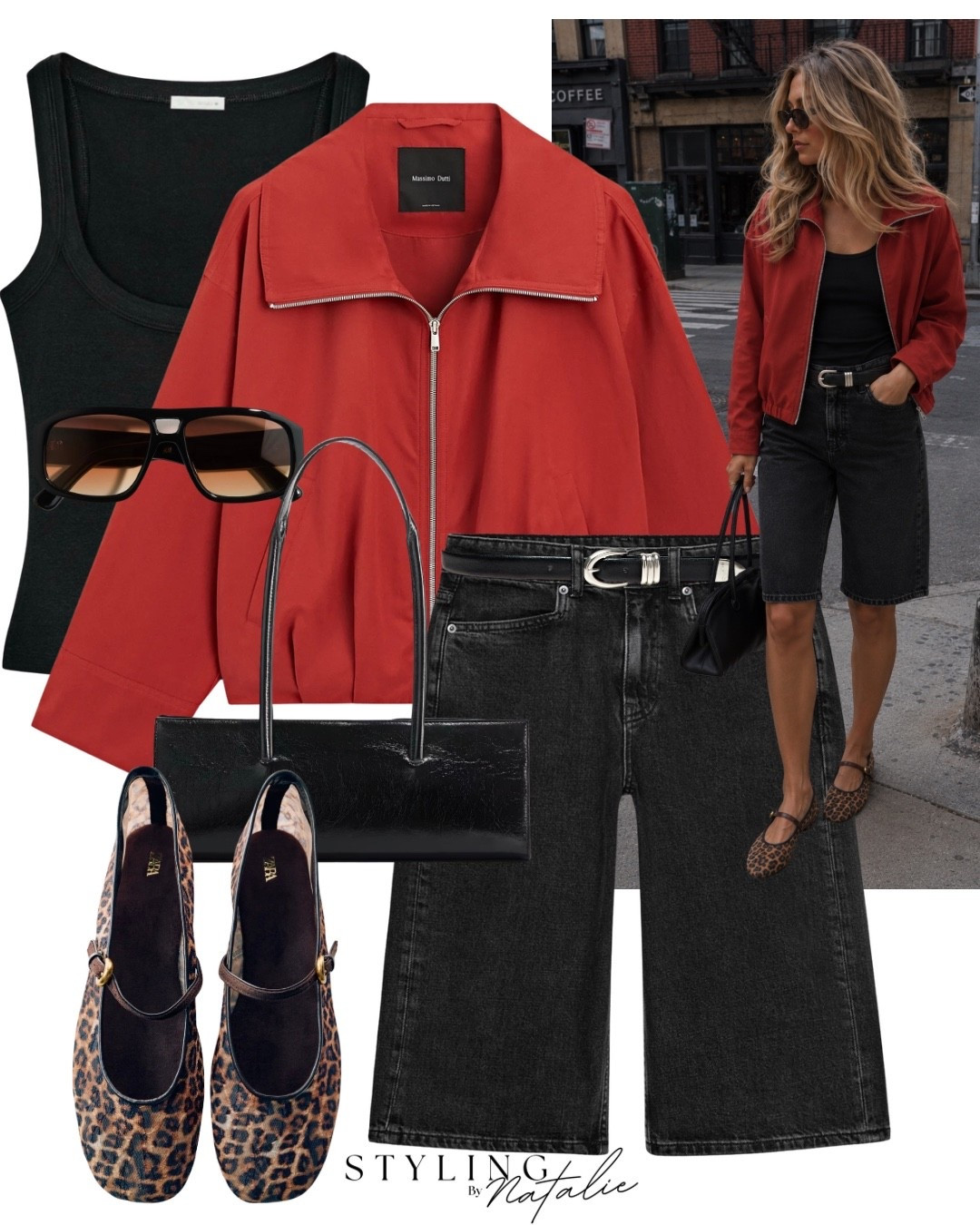 Red bomber jacket, black denim Bermuda shorts, western buckle belt, black scoop neck vest, leopard print Mary Jane ballet flats and black patent handbag.
Elevated casual, everyday casual wear, summer. Autumn fashion, early fall, transitional style. Animal print, Zara zip up light jacket

#LTKuk #LTKautumn #LTKeurope