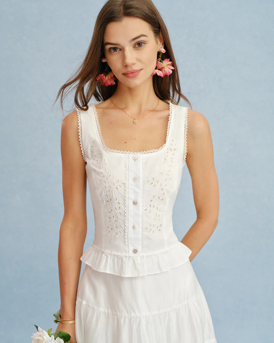 White U Neck Lace Embroidery Tank Top | rihoas.com