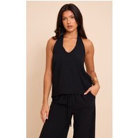 Black Textured Woven Halter Top | PrettyLittleThing US