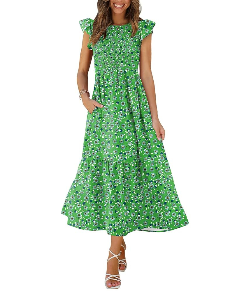 OFEEFAN Women's Casual Maxi Dresses with Pockets Ruffle Sleeve Smocked Dress XS-2XL | Amazon (US)