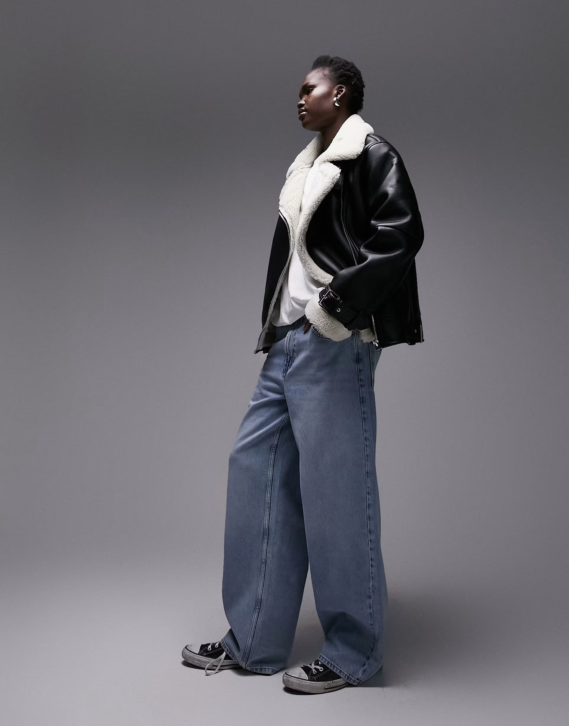 Topshop Tall faux leather shearling aviator biker jacket in black | ASOS | ASOS (Global)