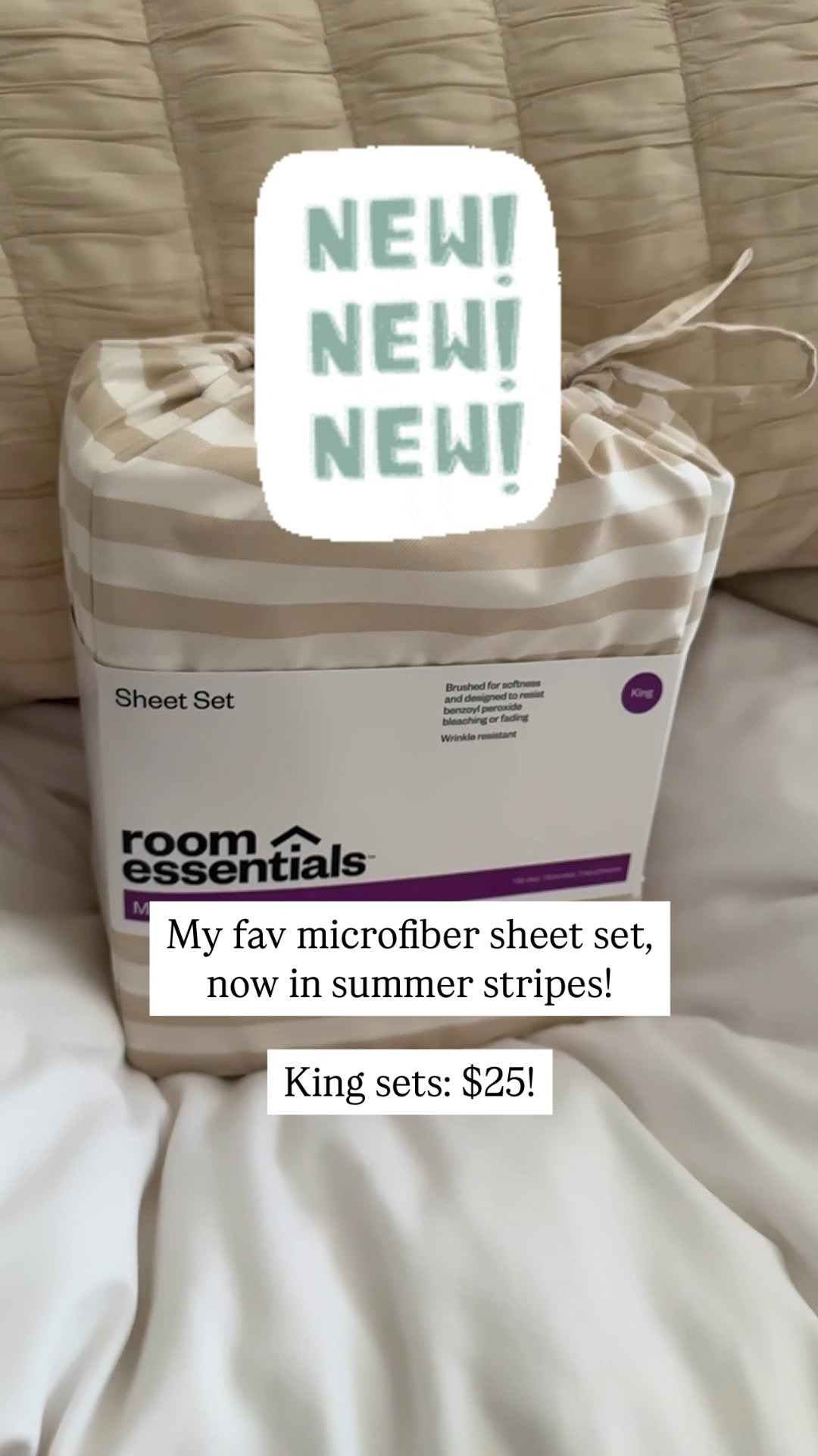 These are the sheets that all my guests ask about! The microfiber feels silky, buttery soft, and they wash and dry without wrinkles! Seriously, these sheets feel like a million bucks, but are so crazy affordable! 
I was so excited to find the new summer stripe collection! I went with the neutral for our primary bedroom, but I think the colored stripes, gingham checks, and micro florals would be adorable in a kid’s room, or vacation house!  
Can’t recommend them enough! 

Bed sheets, kids bedroom, bedding, guest room, queen bed, twin bed, king bed, striped sheets, striped bed sheets, checkered bed sheet, gingham bed sheet, vacation house, beach house, coastal decor, cabin, #targetstyle 

#LTKHome #LTKFindsUnder50 #LTKKids