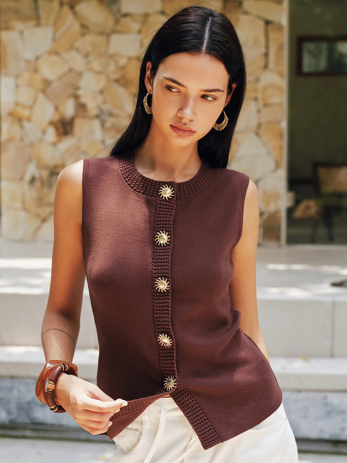 Sun Metal Button Sleeveless Knit Vest | Commense