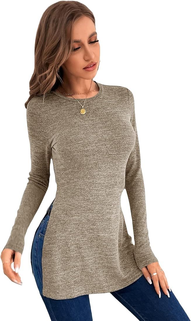 OYOANGLE Women's Casual Long Sleeve Tunic Top Basic Round Neck Split Hem Blouse | Amazon (US)