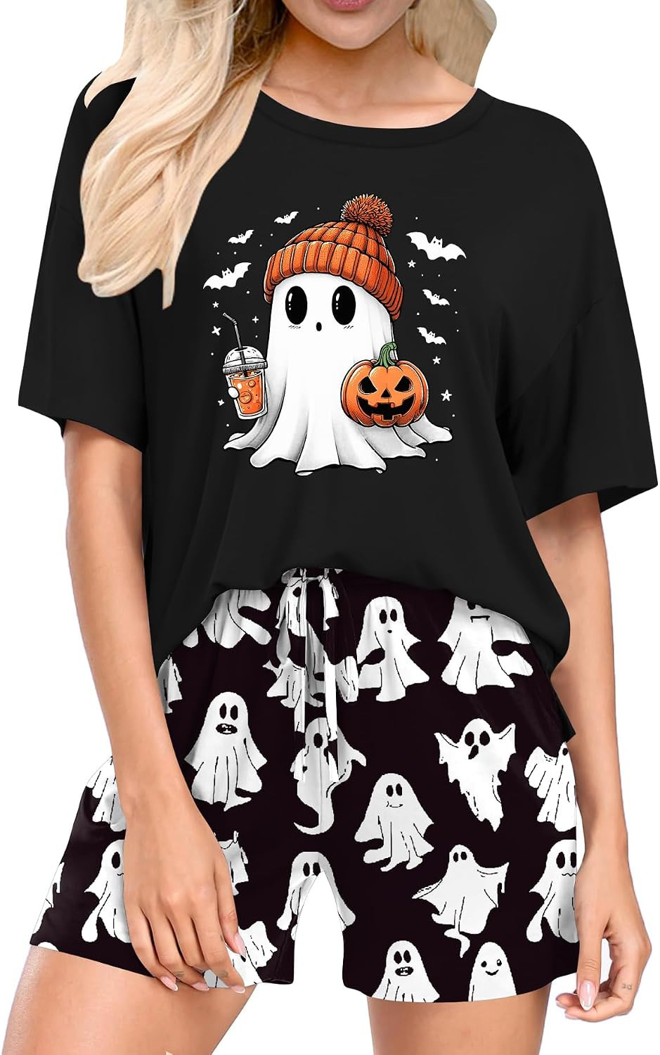 Ithalt Halloween Pajamas Women Pumpkin Short Sleeve Tops and Shorts Pjs Set Fall Sleepwear Spooky Pajamas | Amazon (US)