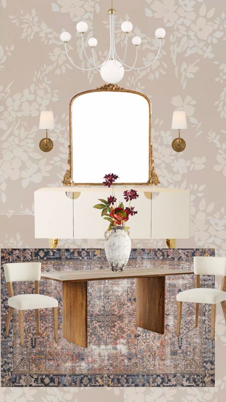 Dining room furniture, dining room moodboard, rectangular Dining table, dining chair, Loloi rug, studio mcgee sconces, swooping gold chandelier, off white credenza 

#LTKsalealert #LTKstyletip #LTKhome