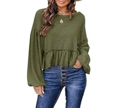 ANRABESS Women’s Long Sleeve Crewneck Ruffle Hem Peplum Babydoll Crop Top Waffle Knit Casual Pu... | Amazon (US)