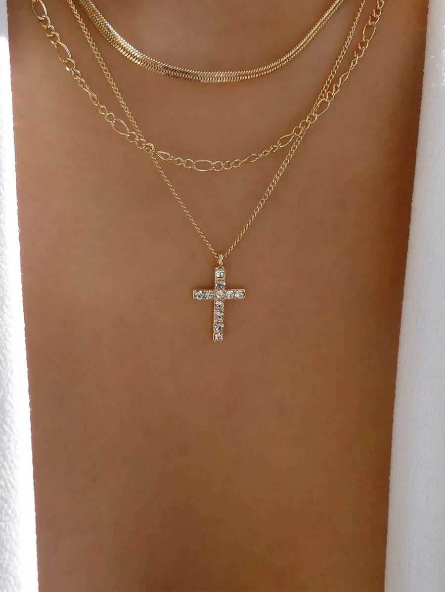 Rhinestone Cross Pendant Layered Necklace | SHEIN