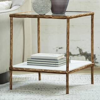 Signature DESIGN BY ASHLEY Ryandale 21 in. Antique Brass Square Glass End Table with Marble Shelf... | The Home Depot