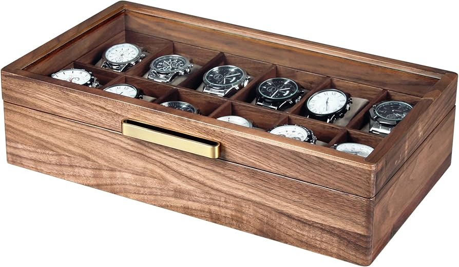 Black Walnut Wood Watch Case for Men, 12-Slot Watch Box With Glass Lid & Watch Pillows, Watch Hol... | Amazon (US)