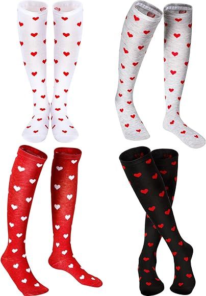 4 Pairs Valentine's Day Knee Socks Women's High Sock Heart Knee Stockings | Amazon (US)