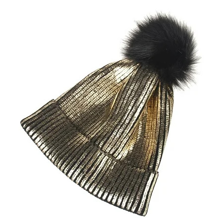 ETEREAUTY and Fall Chic Beanie Metallic Shiny Beanie Skull Pom Pom Hats for Women (Gold) | Walmart (US)