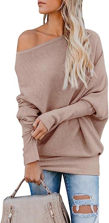 IRISGOD Womens-Off-Shoulder-Sweater Batwing Sleeve Ribbed Knit Cashmere Pullover Tops | Amazon (US)