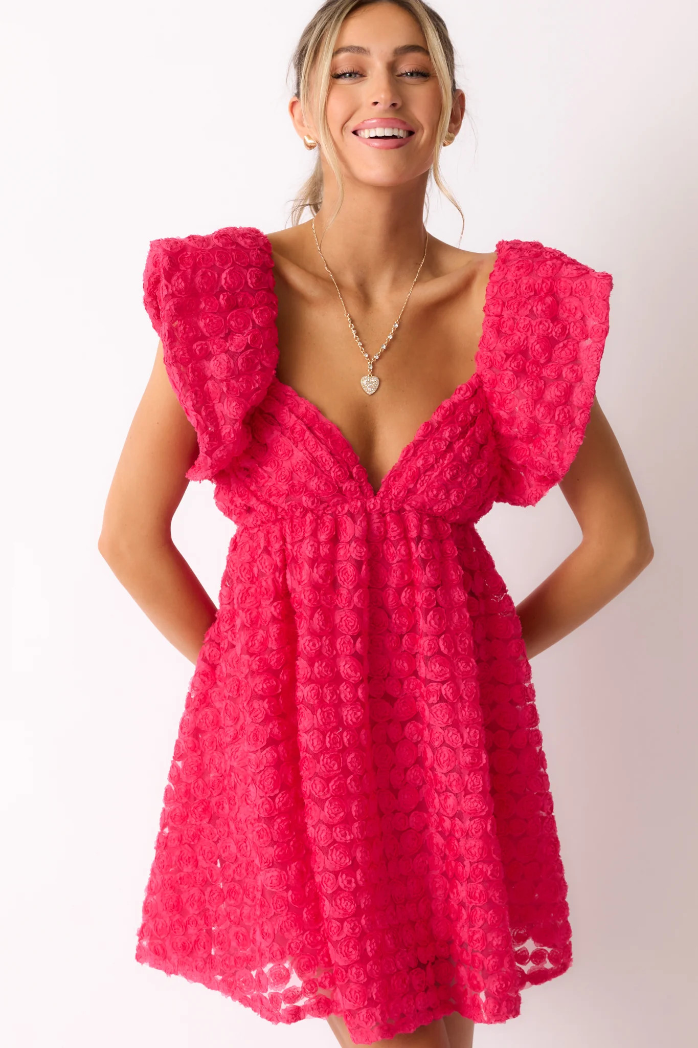 Blooming Love Hot Pink Flutter Sleeve Mini Dress | Red Dress
