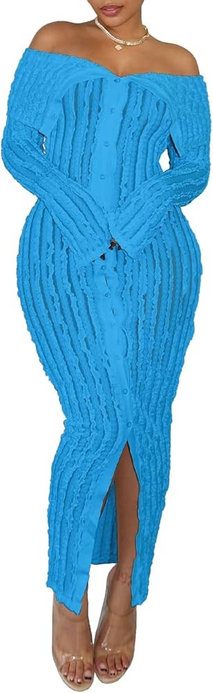 Womens Sexy Off Shoulder Maxi Dress Pleated See Through Flare Sleeve Button Down Slit Bodycon Lon... | Amazon (US)