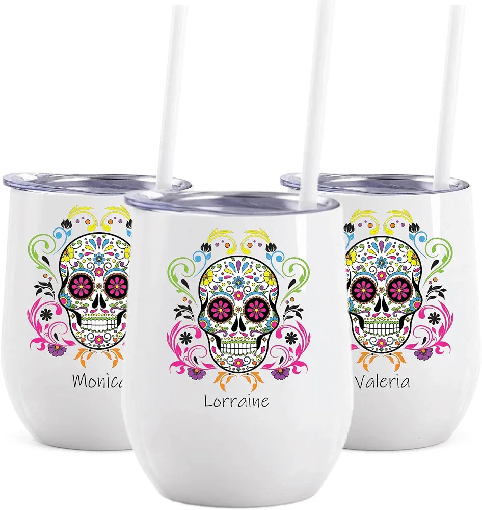AVITO Personalized Sugar Skull 12 oz Wine Tumbler, Día de Los Muertos Cup, Day of the Dead Gifts... | Amazon (US)