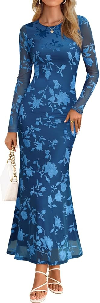 MEROKEETY Women's 2026 Spring Wedding Guest Maxi Dress Long Sleeve Bodycon Floral Mesh Fall Cockt... | Amazon (US)