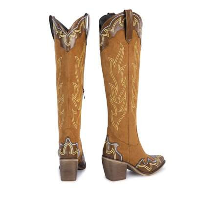 ISNOM Knee High Cowboy Cowgirl Boots For Women, With Unique Embroidery, Side Zipper And Chunky Heel Design | SHEIN