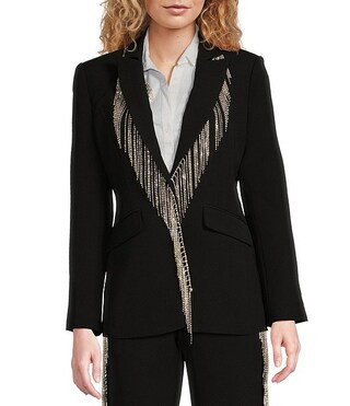 Crepe Rhinestone Fringe Notch Lapel Long Sleeve Button Front Coordinating Blazer | Dillard's
