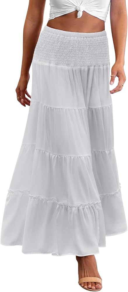 Zeagoo Women's Long Maxi Skirts Tiered Elastic High Waist Boho Double Layered Print A-Line Casual... | Amazon (US)