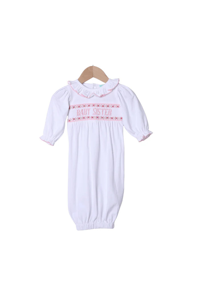 Smocked Baby Sister White Layette Gown | The Smocked Flamingo