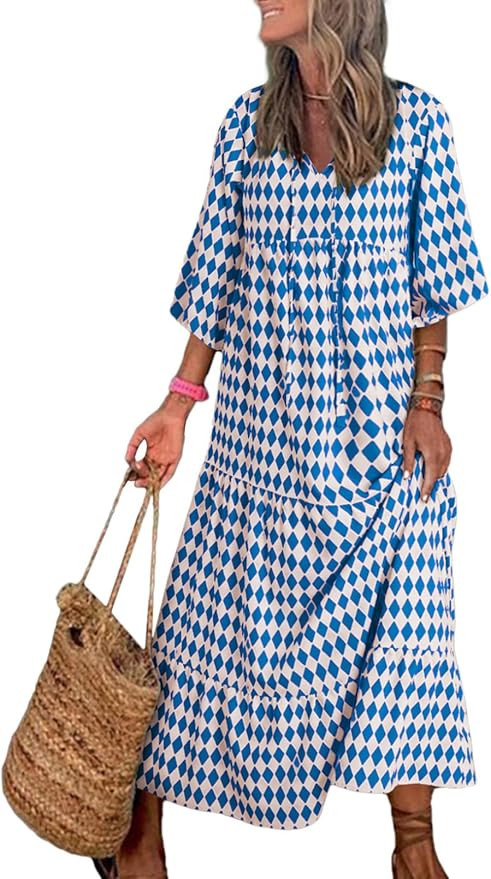 Dokotoo Women Boho Maxi Dresses 2024 V Neck Long Puff Sleeve Smocked Ruffle Flowy Casual Dress | Amazon (US)