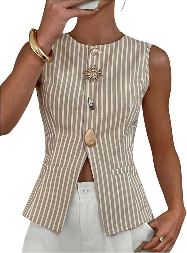 SHENHE Women's Striped Button Down Tank Top Sleeveless Dressy Vest Business Casual Top | Amazon (US)
