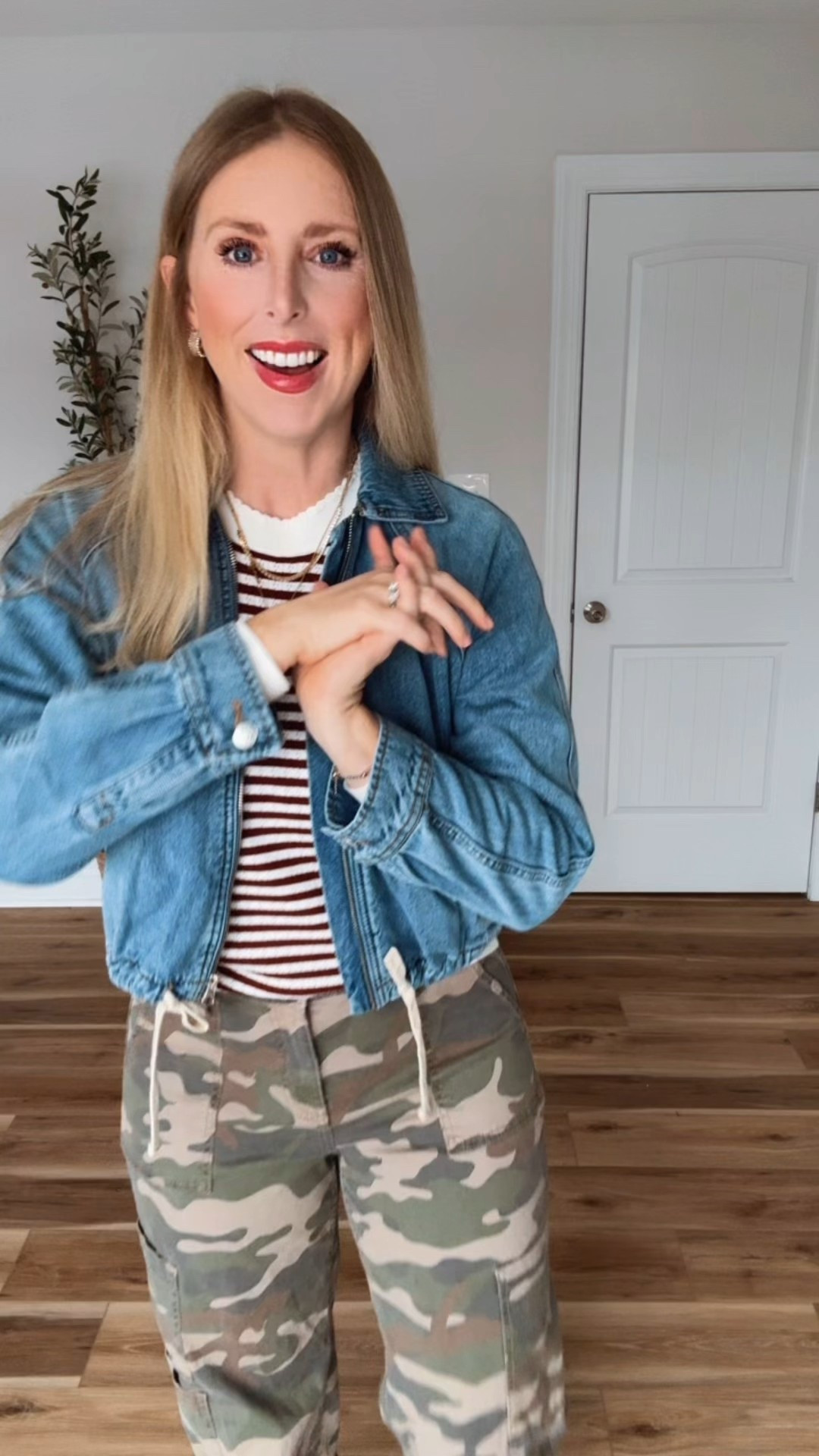Outfit of the day! Small in the denim bomber jacket, striped sweater and camo pants!

#LTKdayinmylife #LTKootd