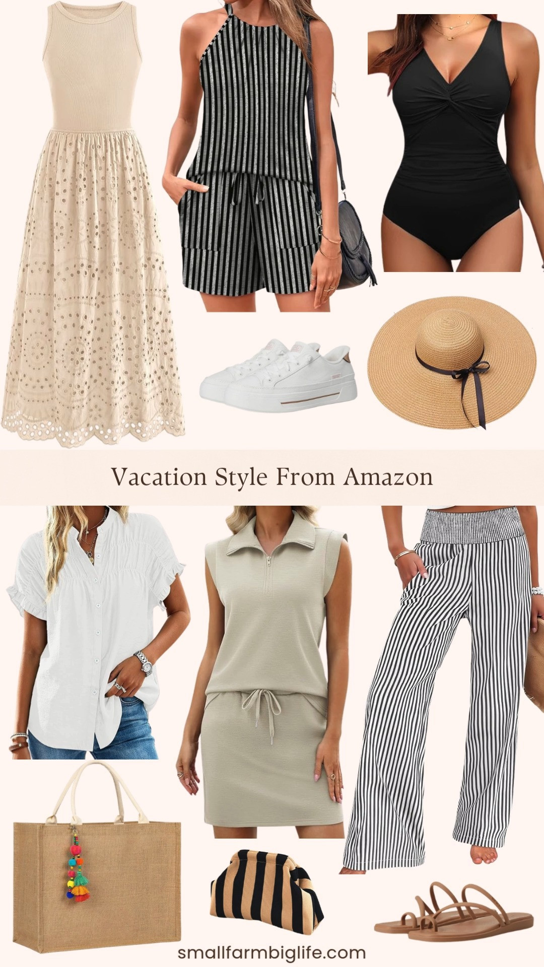 Vacation style from Amazon and this round up has everything you need to pack for your next trip 🌴✨ A black one piece swimsuit, tan Crocs Miami Toe Loop flat sandals, a white ruffle short sleeve button down blouse, a beige two piece half zip cap sleeve top and tennis skirt matching set, a black and cream striped sleeveless halter top and shorts set, a large natural woven beach bag, a natural wide brim floppy straw beach hat, black and white striped wide leg high waisted palazzo pants with pockets, a black and natural striped clutch purse, white Skechers Hands Free Slip-ins Bobs, and a beige sleeveless crewneck lace eyelet cotton tank maxi dress with pockets. Every single piece in this round up is so easy to mix and match together for the most effortless and stylish vacation wardrobe and all from Amazon at such amazing prices. Whether you are heading to the beach, a resort, or anywhere warm these are the pieces worth packing. Everything is linked! 🛒🌴 

 #LTKootd #LTKOver40 #LTKTravel