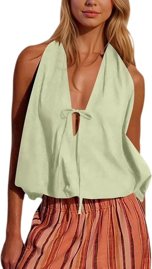 Women Halter Bubble Tank Top Sexy Plunge V Neck Tie Open Back Sleeveless Crop Going Out Tops Summ... | Amazon (US)