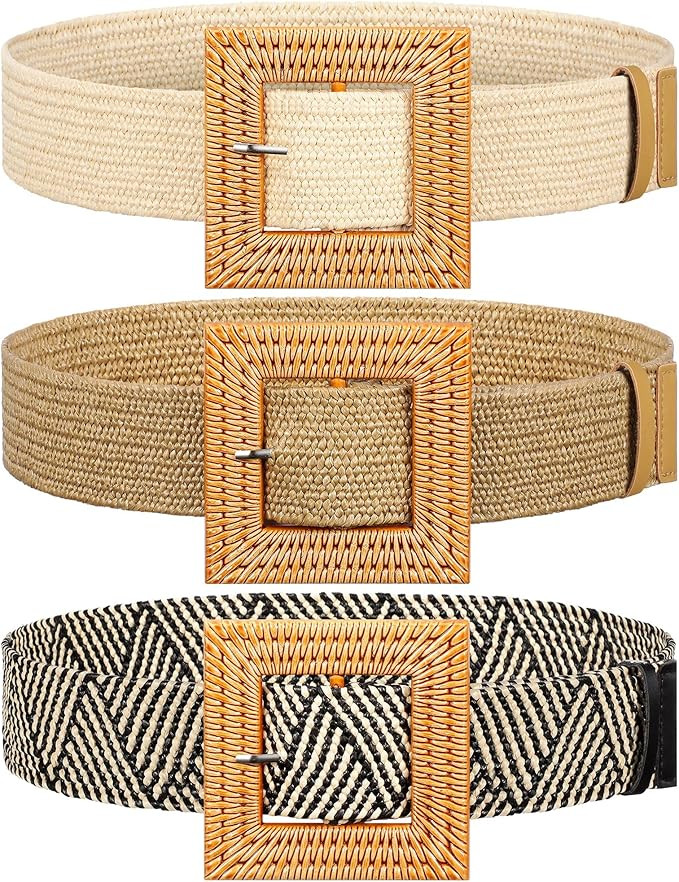 WILLBOND 3 Pcs Straw Woven Belts Elastic Raffia Belts for Women 2025 Rattan Buckle Waist Band for... | Amazon (US)