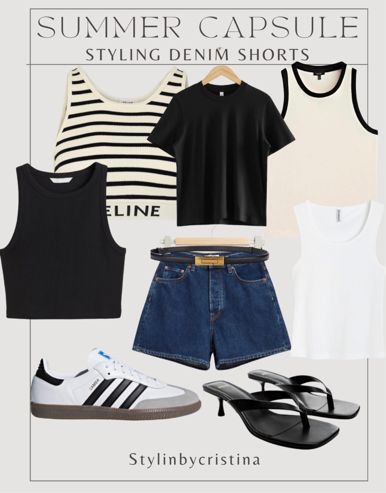Summer capsule wardrobe/ styling denim shorts! Celine sports bra, gladiator sandals, Adidas samba, tank tops, classic tee

#LTKstyletip #LTKFind #LTKSeasonal