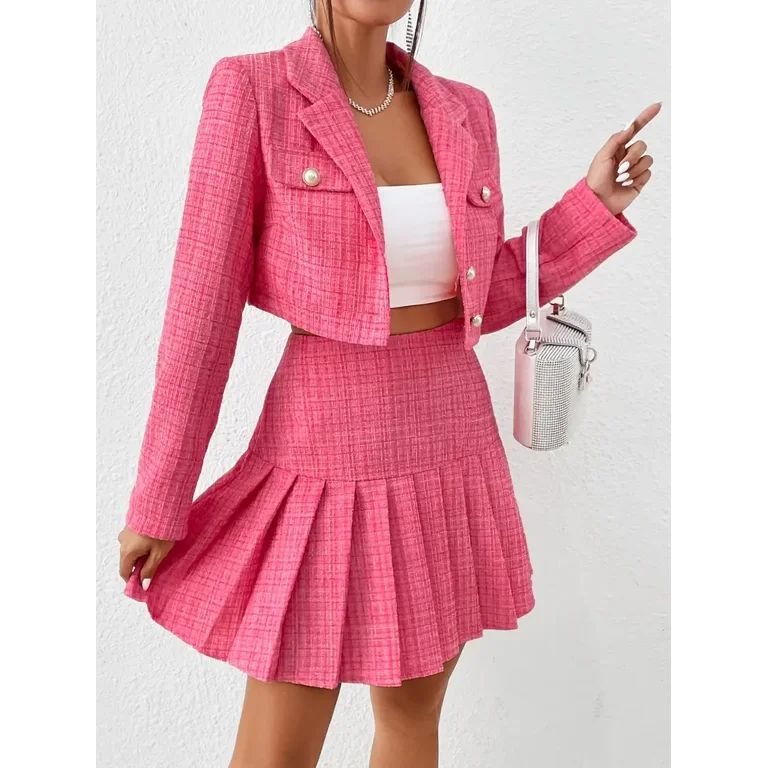 Elegant Two Piece Tweed Set  Tweed Crop Jacket & Pleated High Waist Skirt  Casual Every Day Outfi... | Walmart (US)