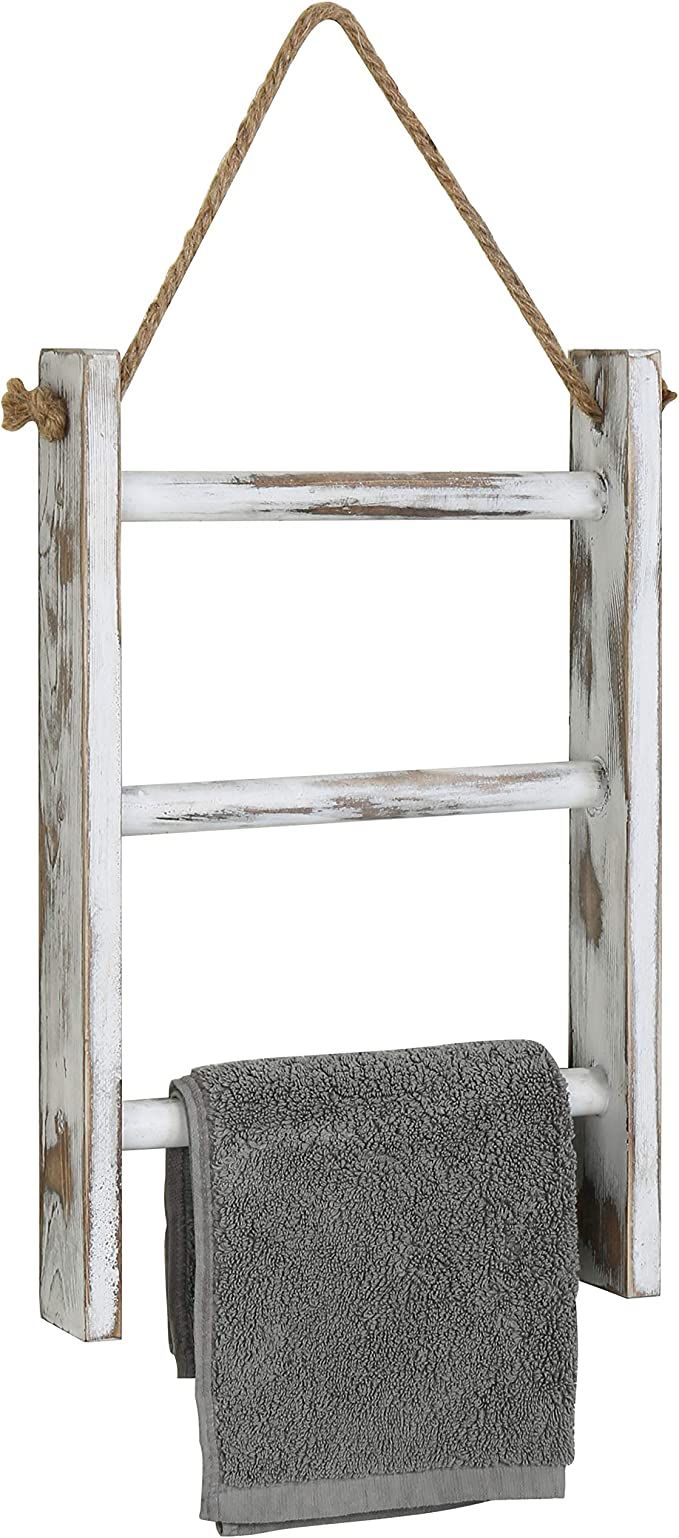 MyGift 3-Tier Mini Whitewashed Wood Wall-Hanging Hand Towel Storage Ladder with Rope | Amazon (US)