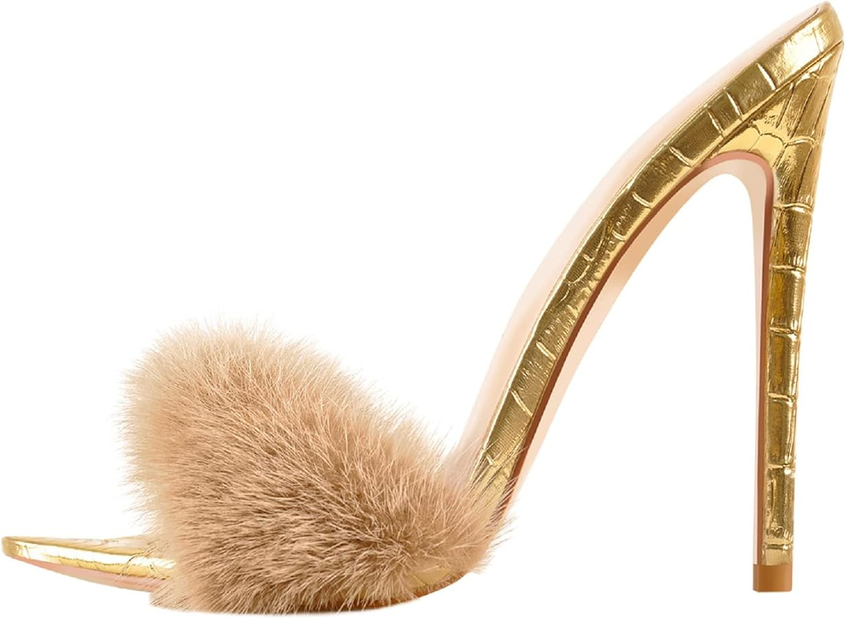 Richealnana Women's Fur Fuzzy Mules Slip On High Heels Sandals | Amazon (US)