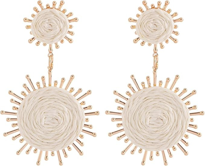 Handmade Raffia Dangle Earring - Boho Statement Sunburst Earrings for Summer Beach Vacation | Amazon (US)