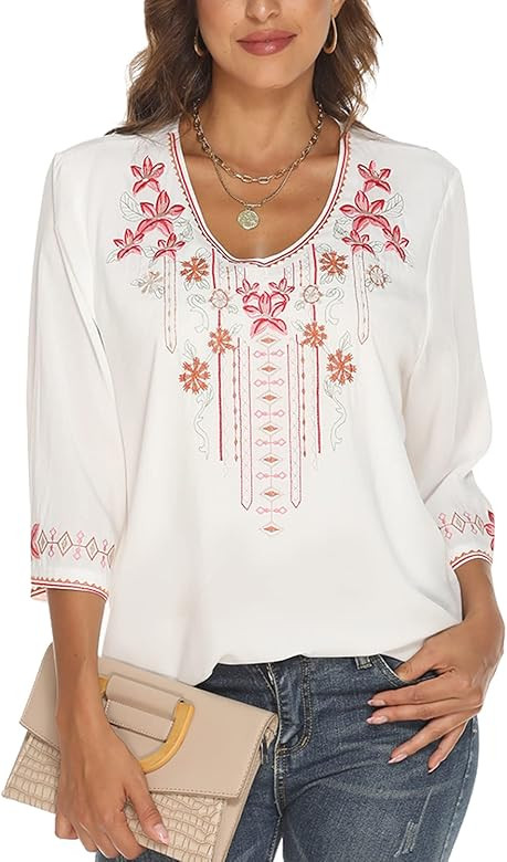 Higustar Women's Mexican Embroidered Tops Bohemian Style Peasant 3/4 Sleeve Shirts Boho Tunic Blo... | Amazon (US)