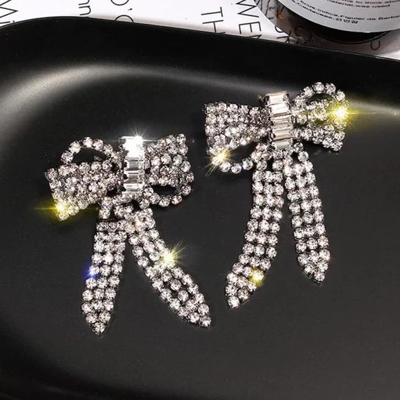 Crystal Diamante Bow Earrings | Bow Style Earrings | Bridal Bow Earrings | Bow Earrings | Crystal... | Etsy (US)