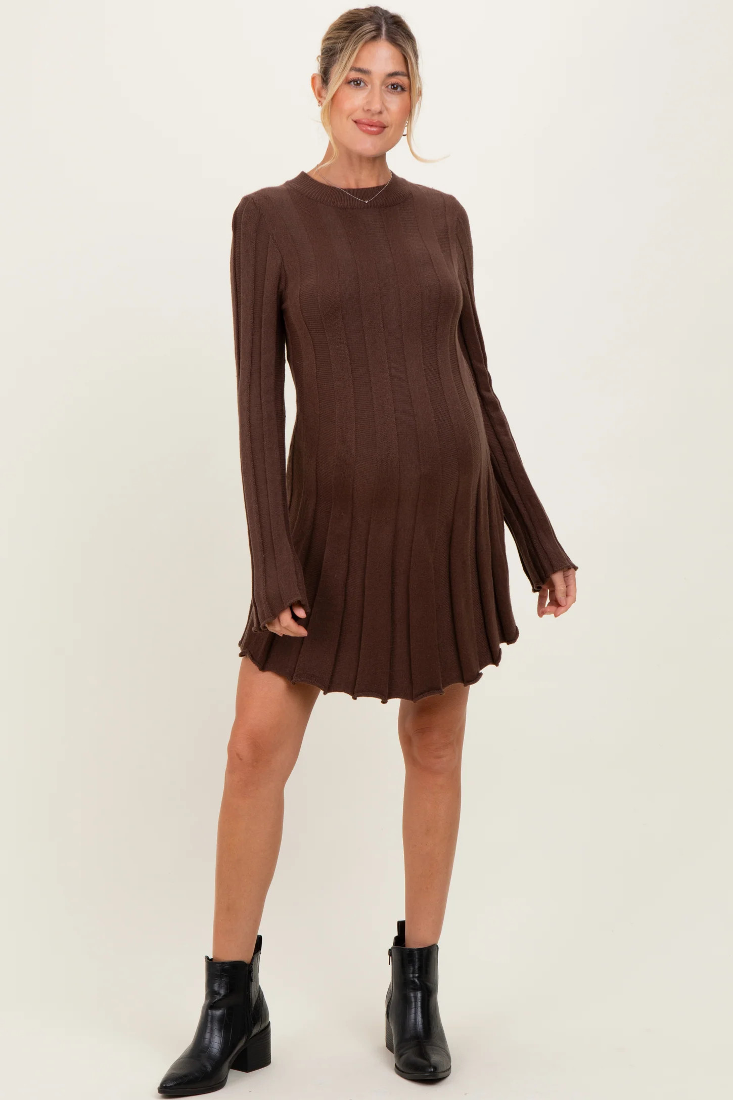 Brown Wide Rib Maternity Mini Sweater Dress | PinkBlush Maternity