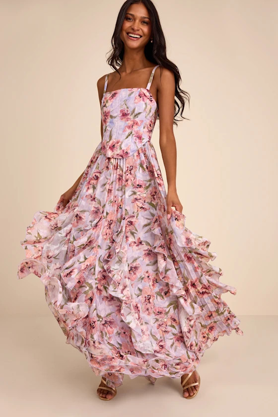 Hensley Lavender Multi Floral Bustier Maxi Dress | Lulus